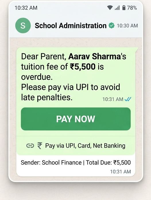 Automated WhatsApp fee reminder sent to a parent, with a Pay Now button