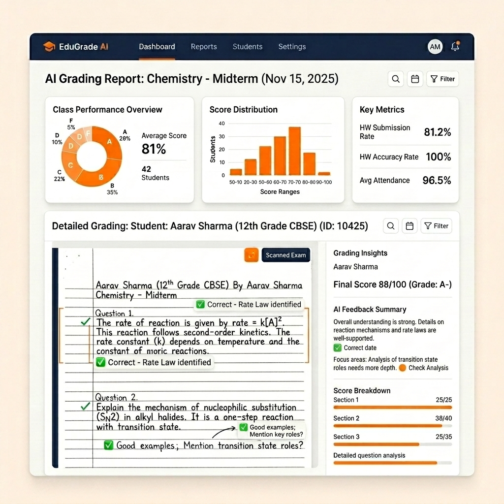 AI Grading Dashboard showing student handwritten test analysis
